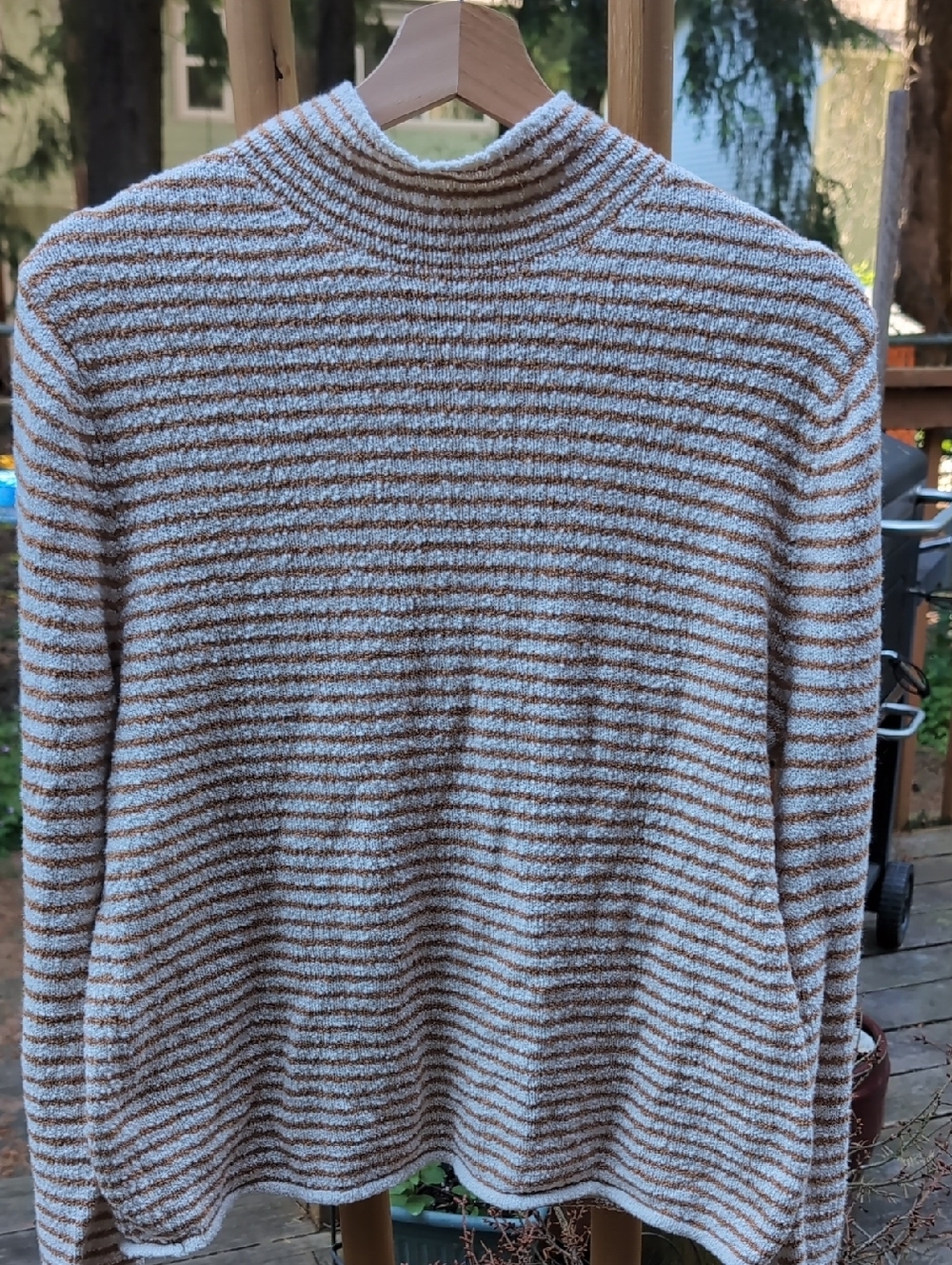 J. Crew Cream and Tan Brown Striped Mock Neck Sweater